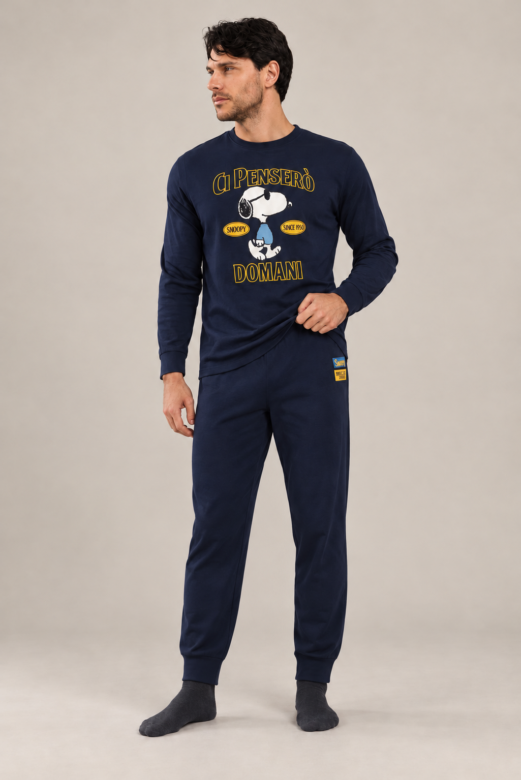 Pigiama da uomo Snoopy in caldo cotone, girocollo, manica lunga, pantalone lungo