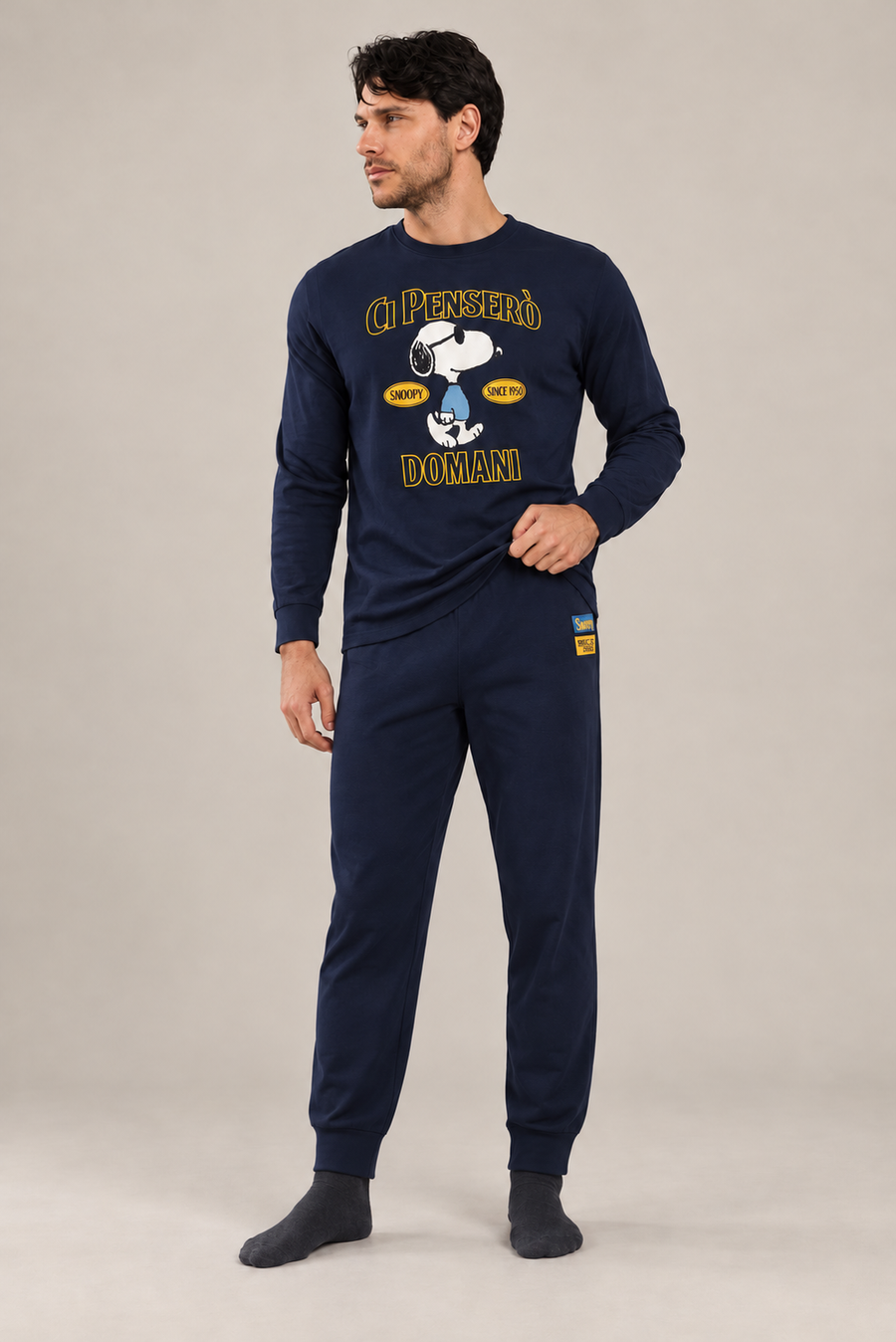 Pigiama da uomo Snoopy in caldo cotone, girocollo, manica lunga, pantalone lungo