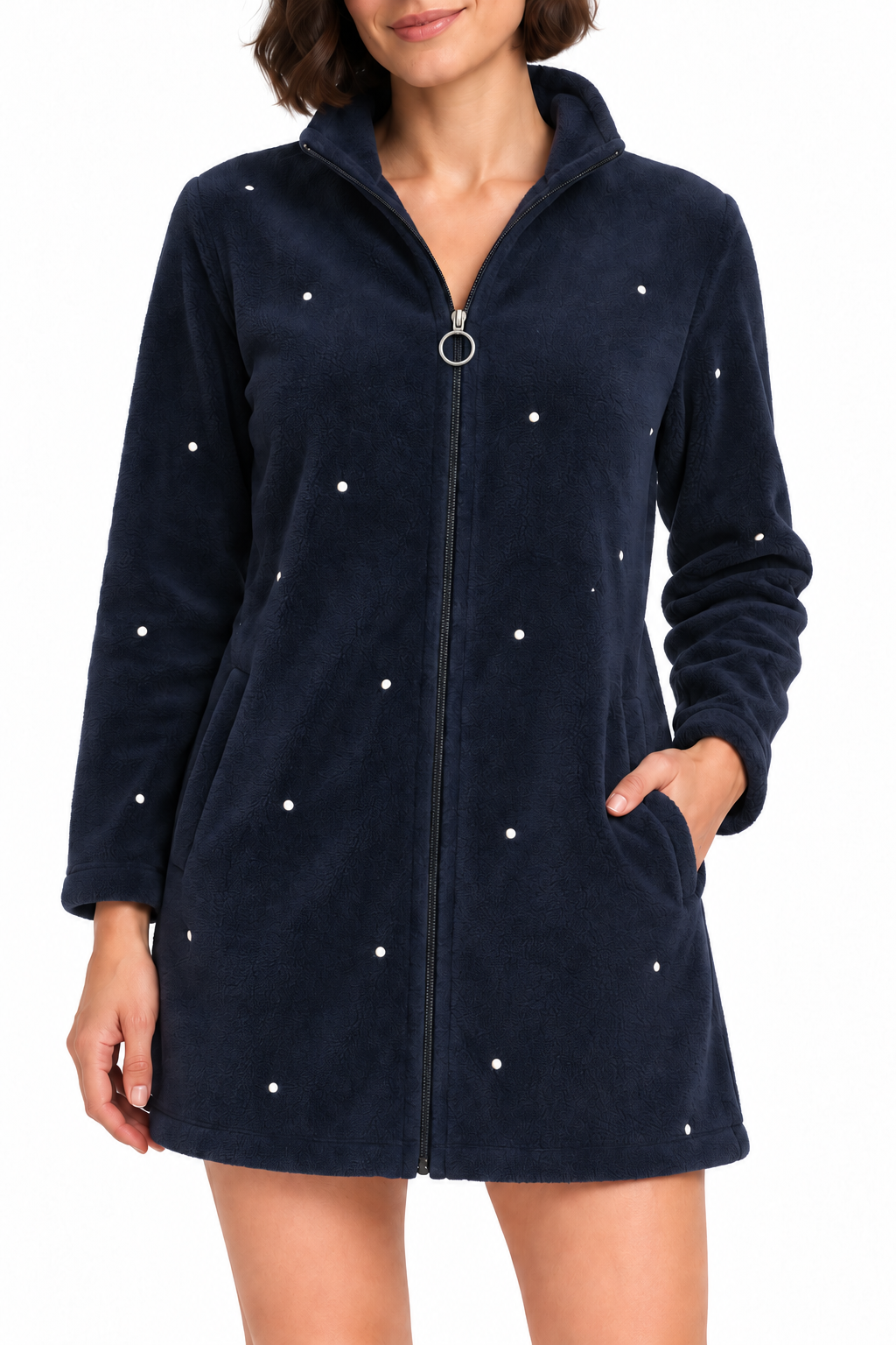 Vestaglia donna a pois con zip e tasche
