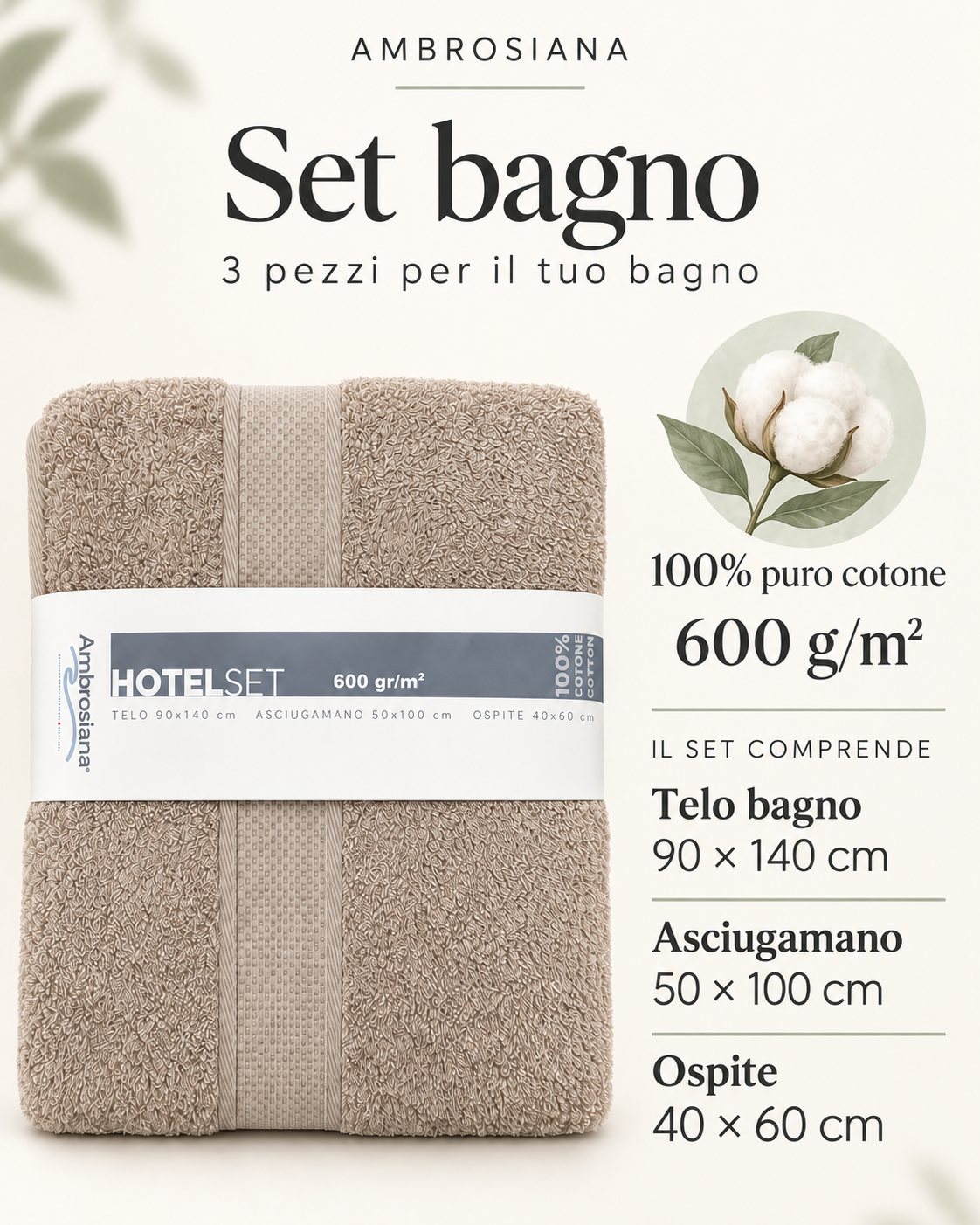 Set asciugamani bagno 3 pezzi Ambrosiana in puro cotone – 600 g/m²