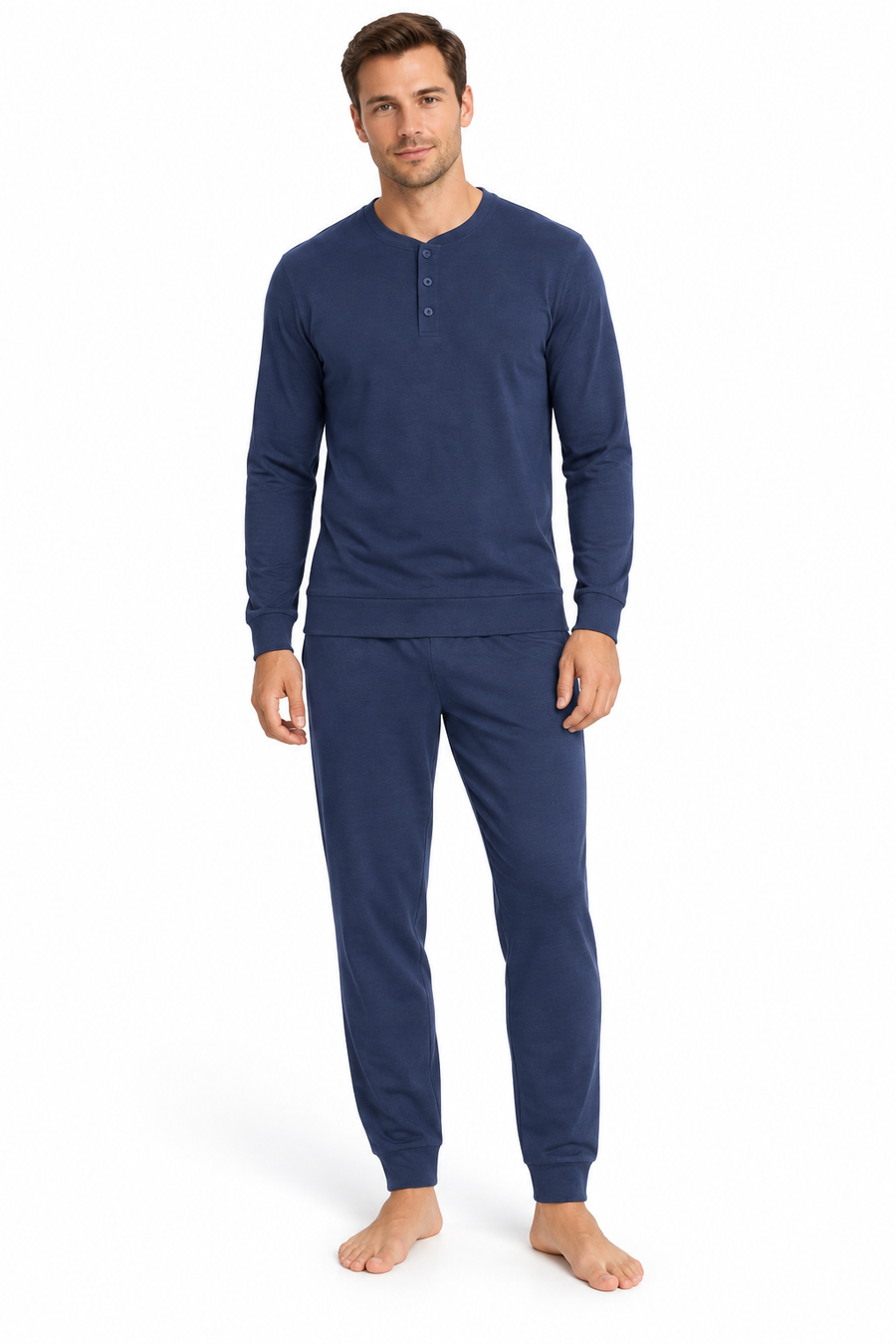 Pigiama da uomo in caldo cotone, con apertura serafino, manica lunga, pantalone lungo