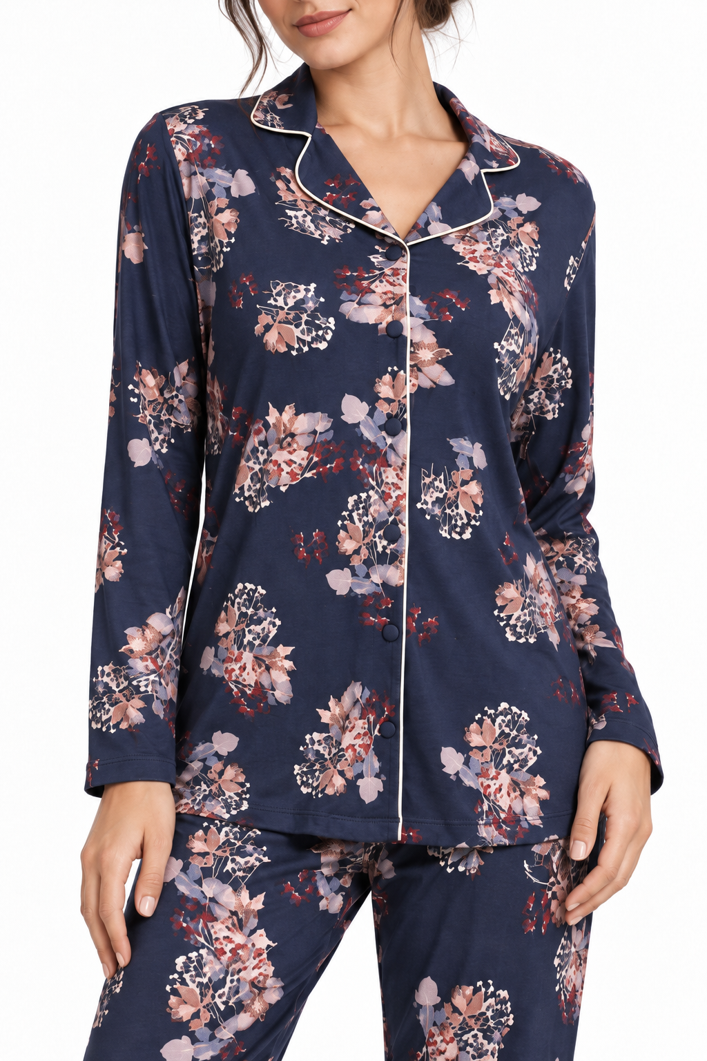 Pigiama da donna in viscosa pesante, con apertura completa davanti, manica lunga, pantalone lungo