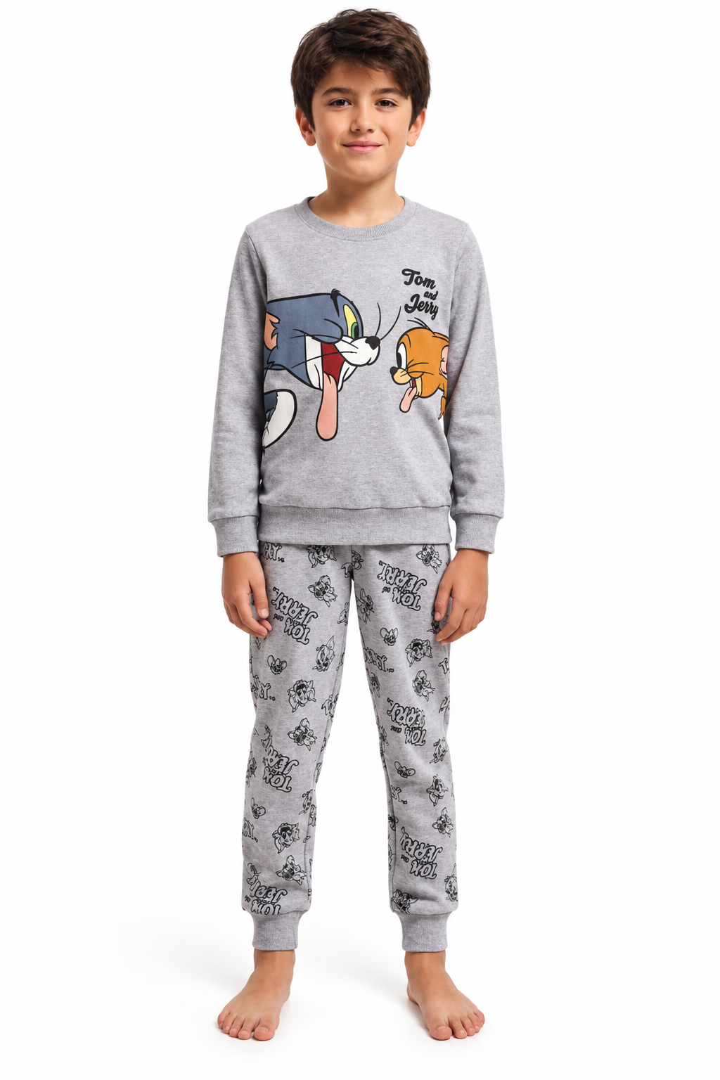 Pigiama da bambino Tom and Jerry in caldo cotone, girocollo, manica lunga, pantalone lungo