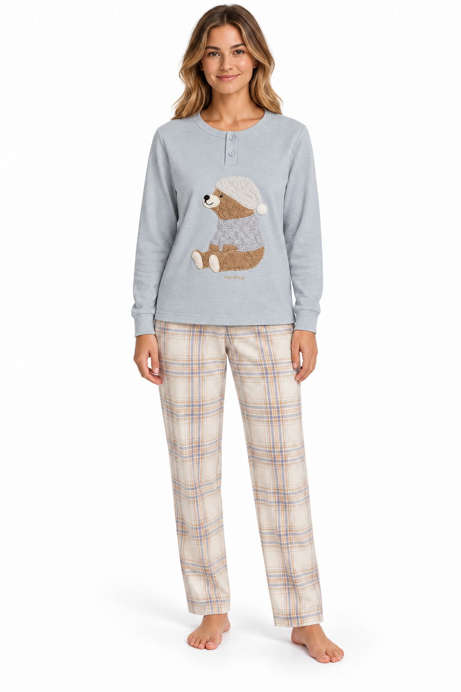 Pigiama da donna in caldo cotone, con apertura serafino, manica lunga, pantalone lungo
