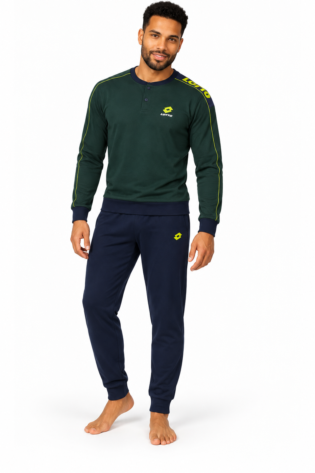 Pigiama da uomo in caldo cotone, con apertura serafino, manica lunga, pantalone lungo