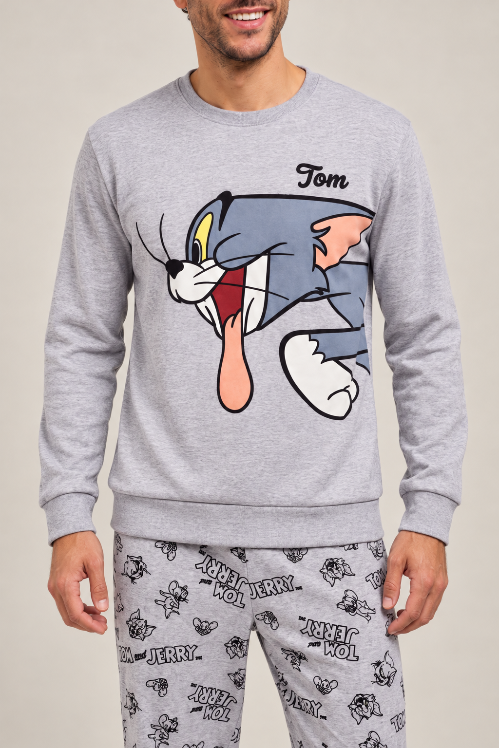 Pigiama da uomo Tom and Jerry in caldo cotone, girocollo, manica lunga, pantalone lungo