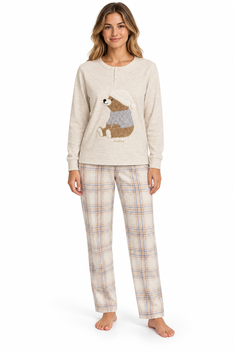 Pigiama da donna in caldo cotone, con apertura serafino, manica lunga, pantalone lungo