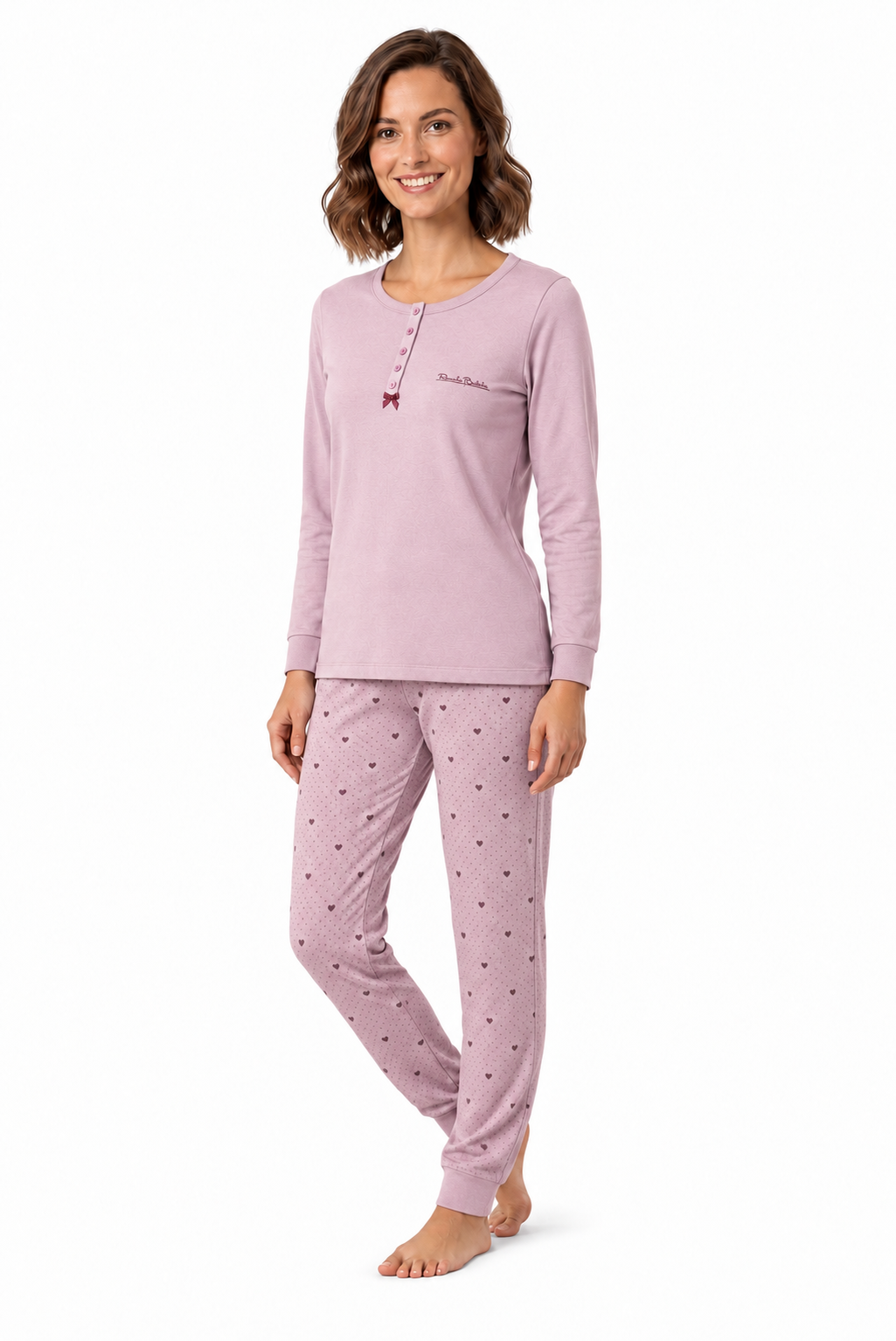 Pigiama da donna in caldo cotone, con apertura serafino, manica lunga, pantalone lungo