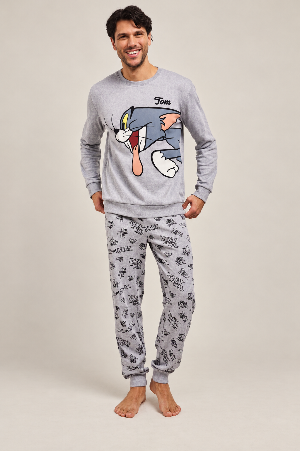 Pigiama da uomo Tom and Jerry in caldo cotone, girocollo, manica lunga, pantalone lungo