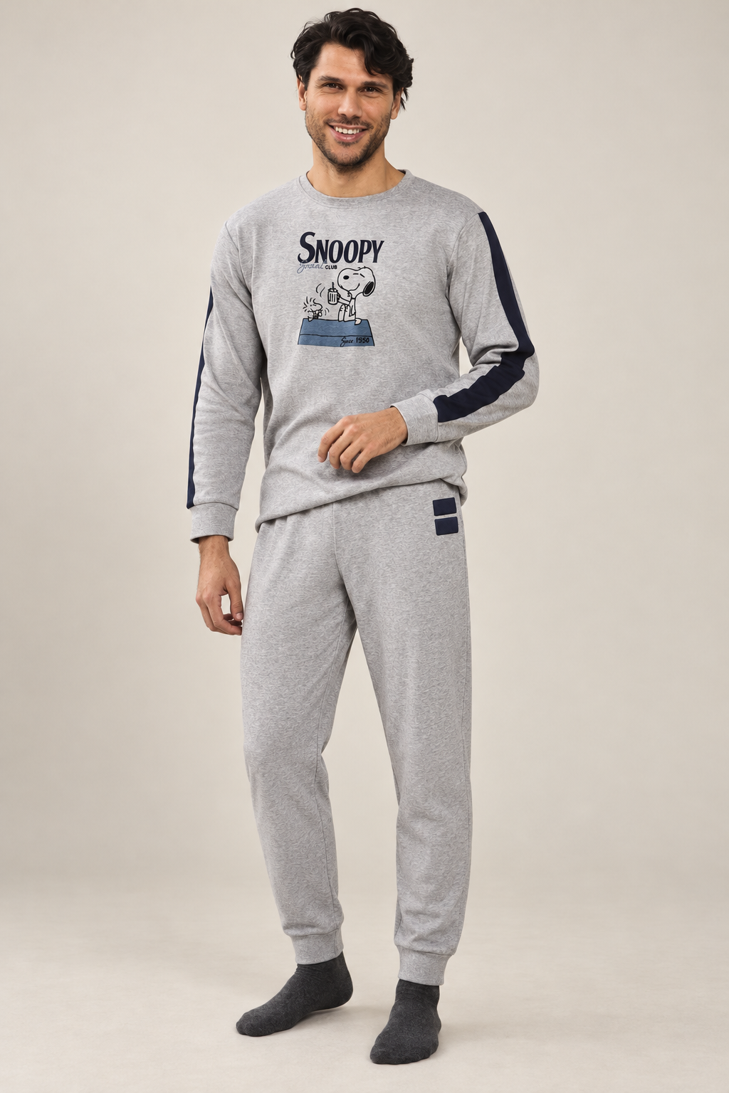 Pigiama da uomo Snoopy in caldo cotone, girocollo, manica lunga, pantalone lungo