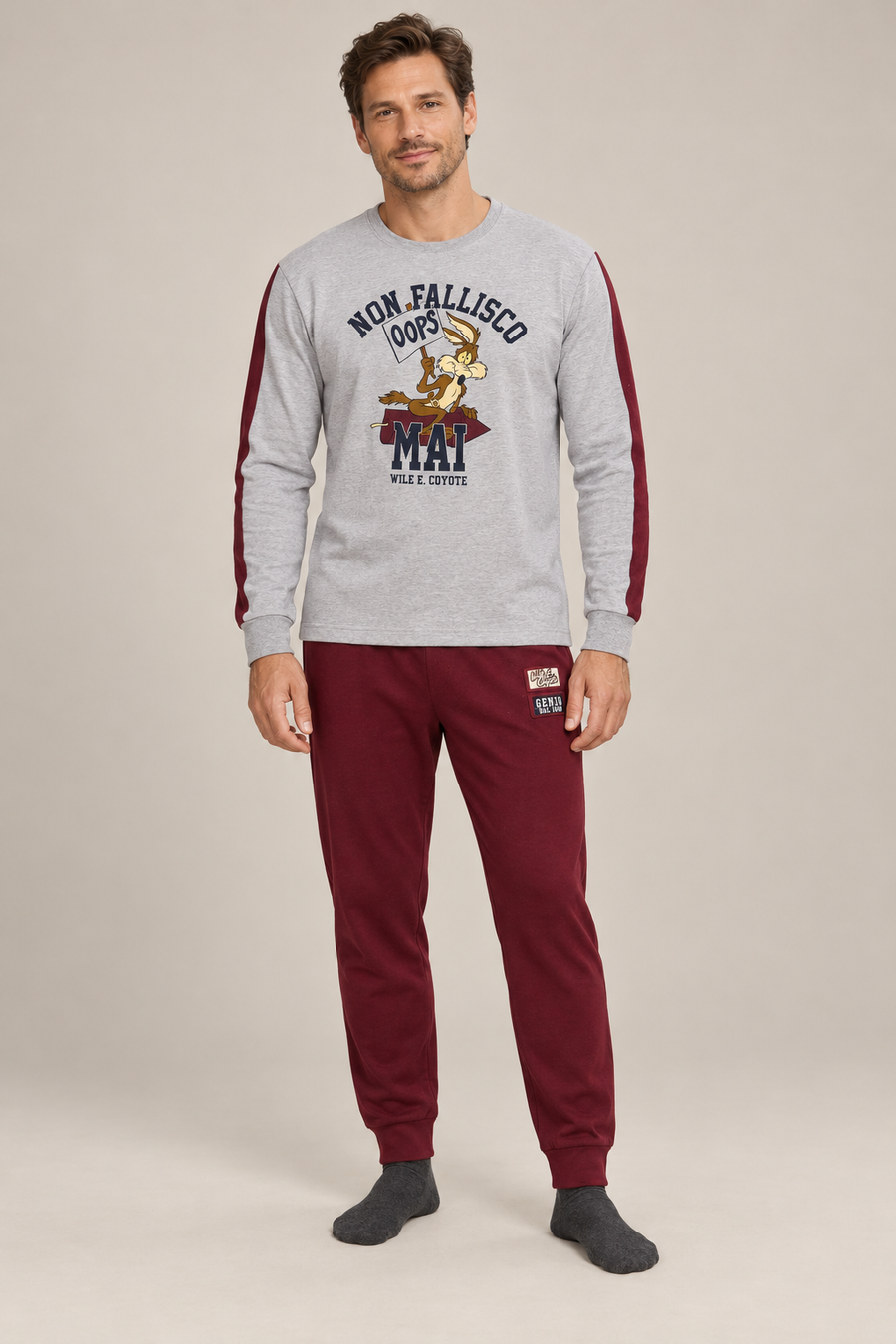 Pigiama da uomo Wile E. Coyote in caldo cotone, girocollo, manica lunga, pantalone lungo