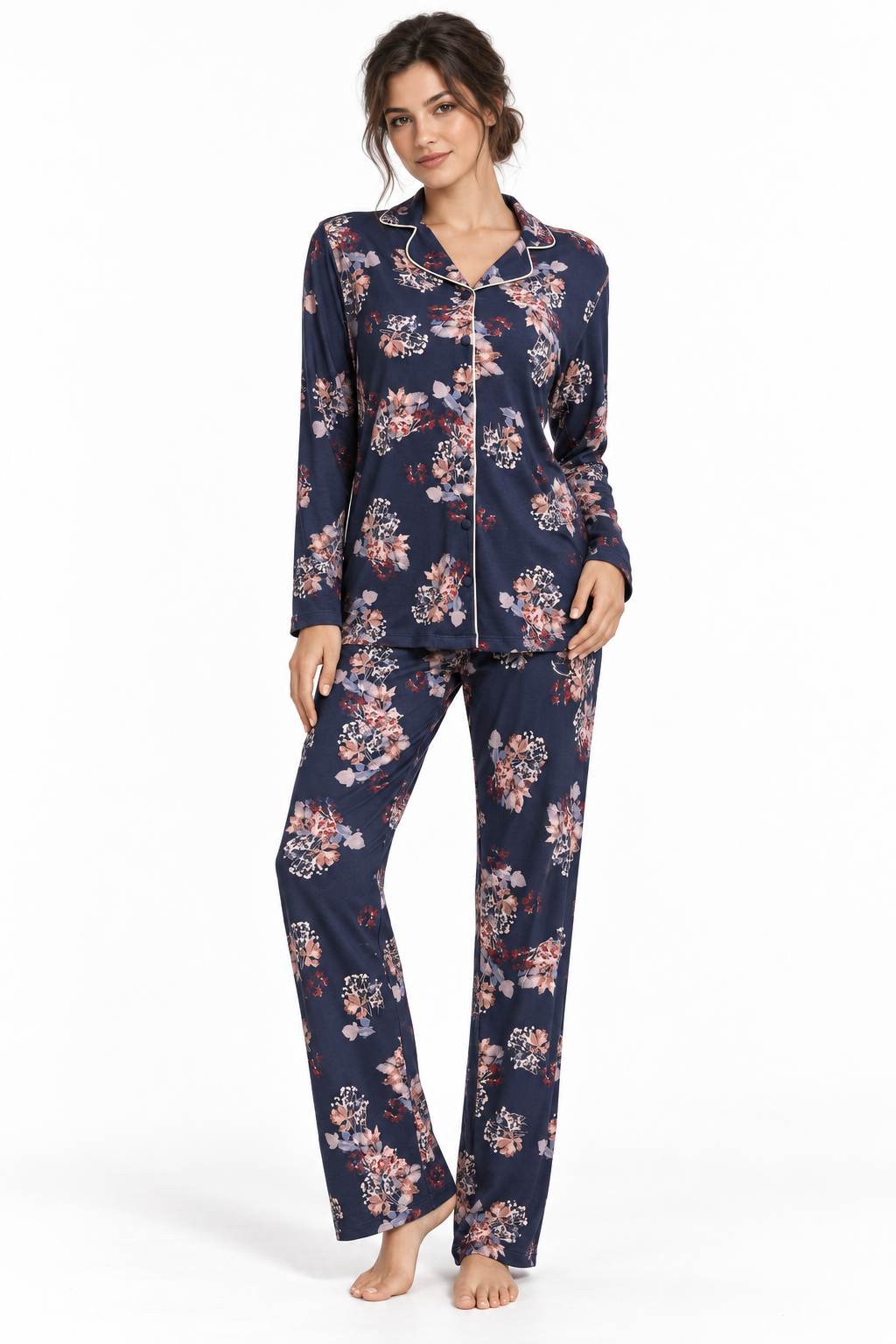Pigiama da donna in viscosa pesante, con apertura completa davanti, manica lunga, pantalone lungo