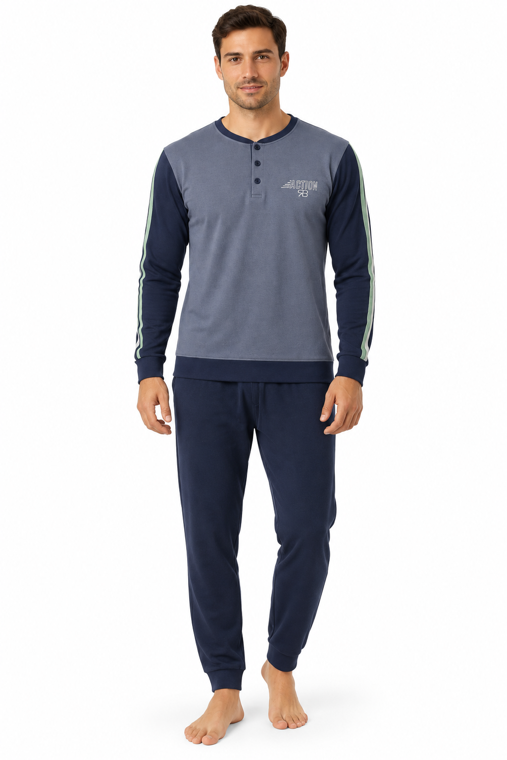 Pigiama da uomo in caldo cotone, con apertura serafino, manica lunga, pantalone lungo