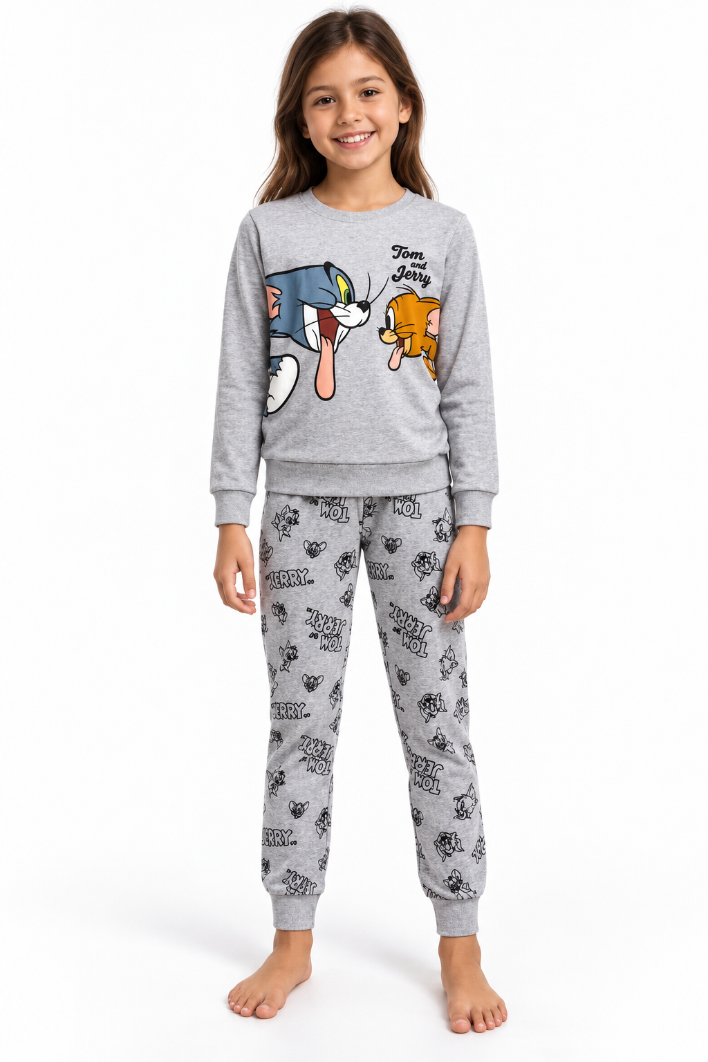Pigiama da bambina Tom and Jerry in caldo cotone, girocollo, manica lunga, pantalone lungo