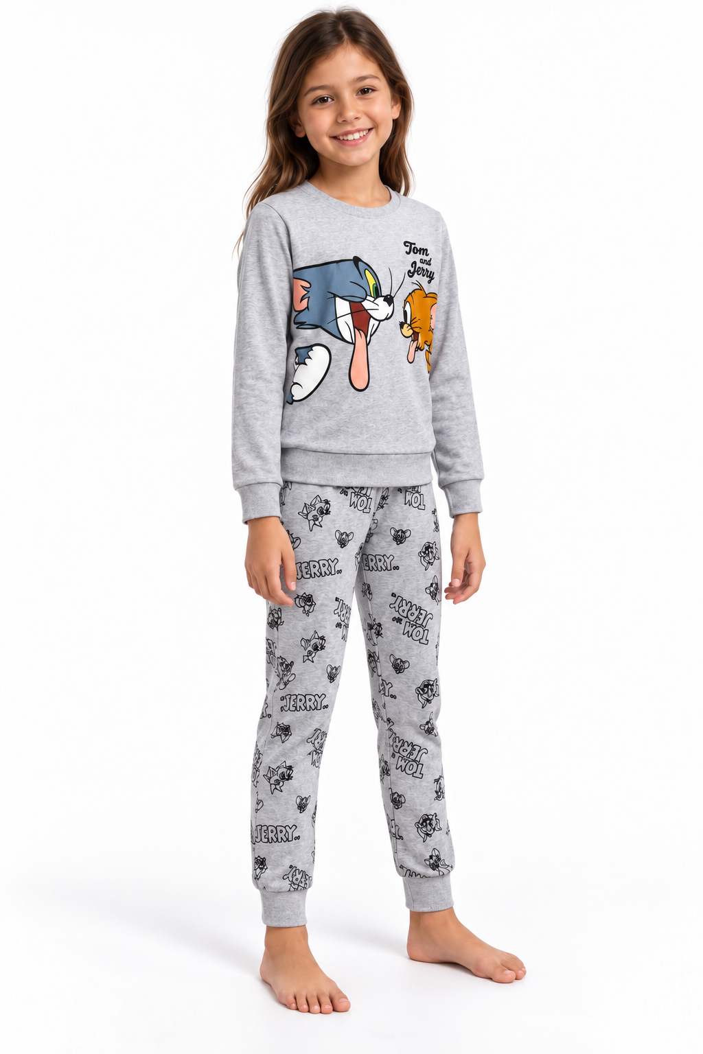 Pigiama da bambina Tom and Jerry in caldo cotone, girocollo, manica lunga, pantalone lungo