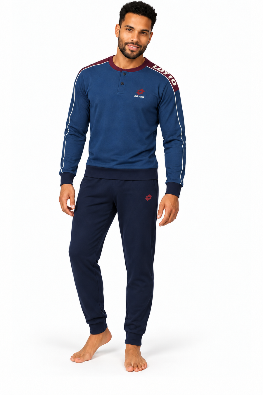 Pigiama da uomo in caldo cotone, con apertura serafino, manica lunga, pantalone lungo