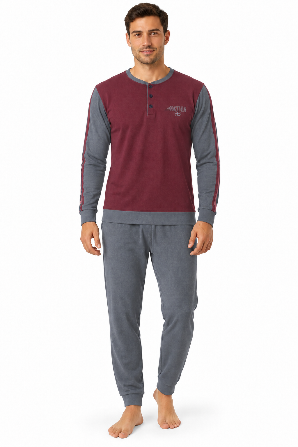 Pigiama da uomo in caldo cotone, con apertura serafino, manica lunga, pantalone lungo