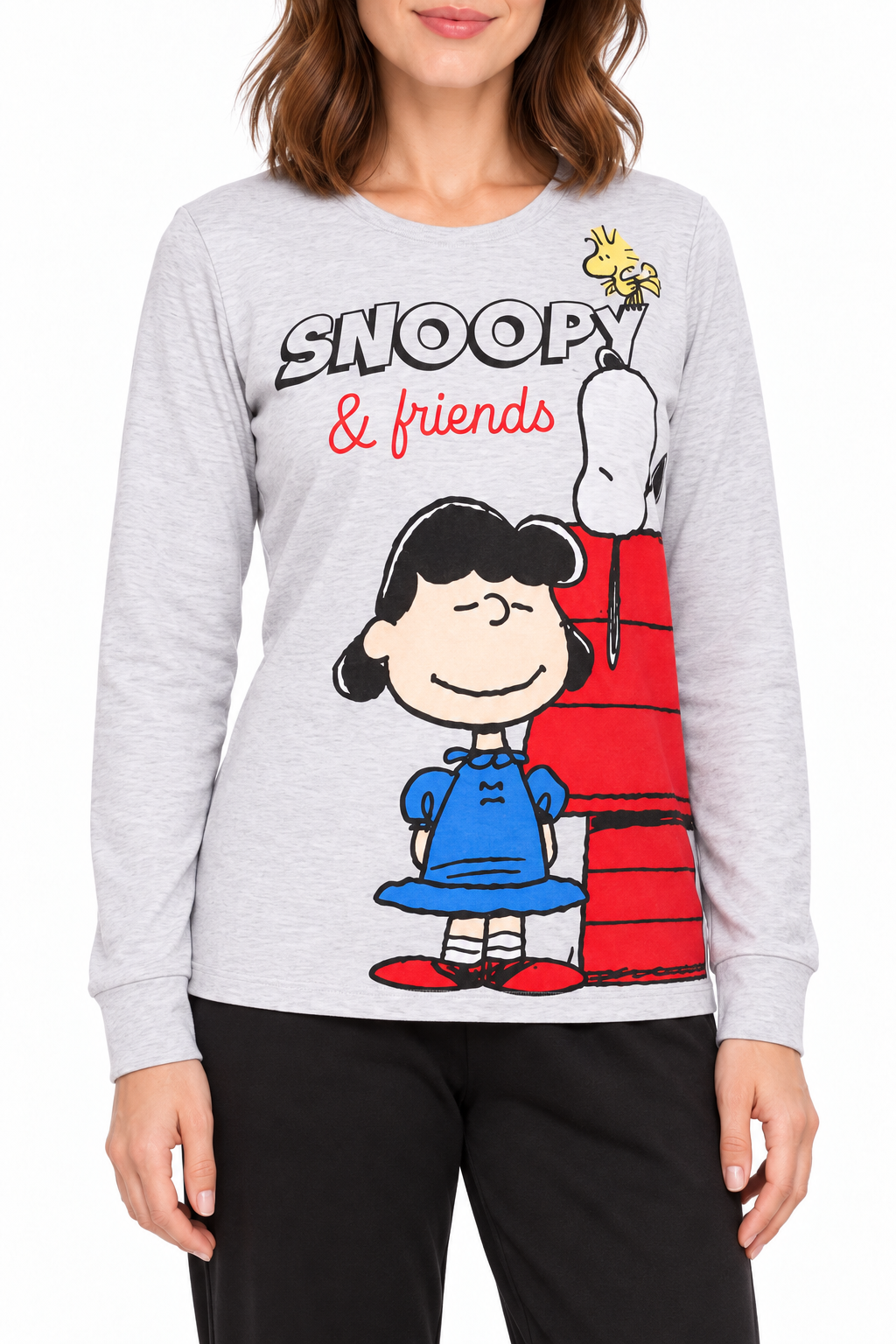 Pigiama da donna Snoopy in caldo cotone, girocollo, manica lunga, pantalone lungo