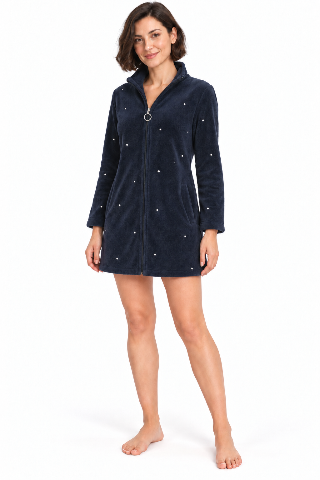 Vestaglia donna a pois con zip e tasche