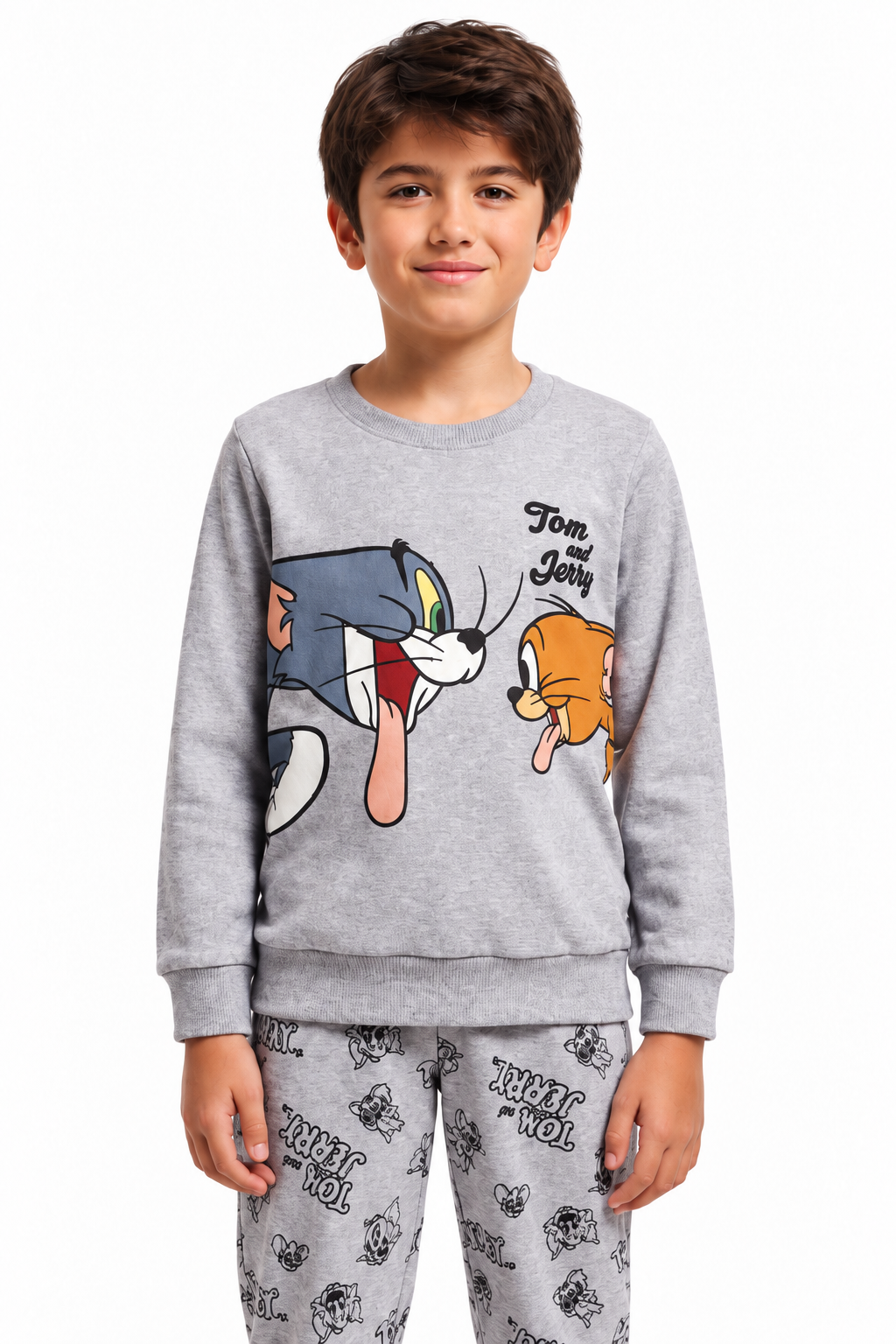 Pigiama da bambino Tom and Jerry in caldo cotone, girocollo, manica lunga, pantalone lungo