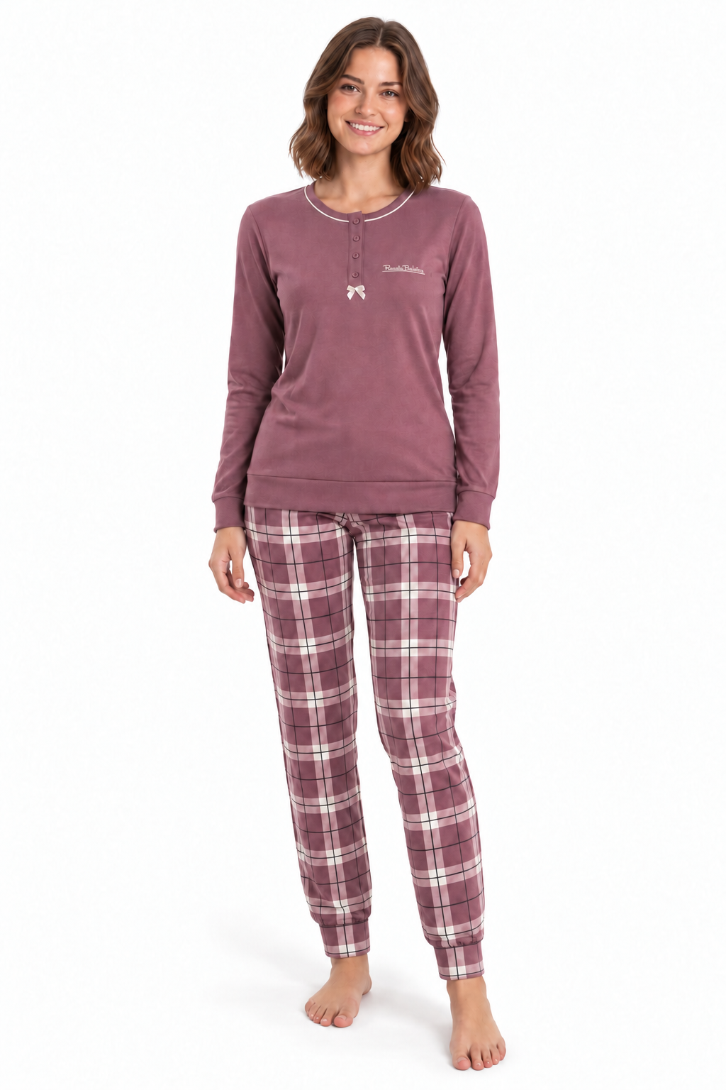 Pigiama da donna in caldo cotone, con apertura serafino, manica lunga, pantalone lungo