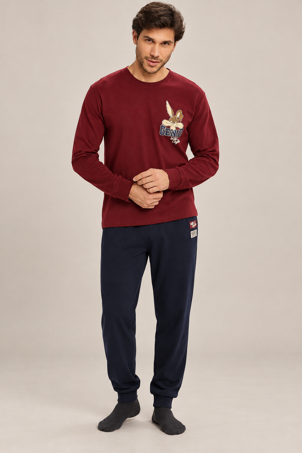 Pigiama da uomo Wile E. Coyote in caldo cotone, girocollo, manica lunga, pantalone lungo