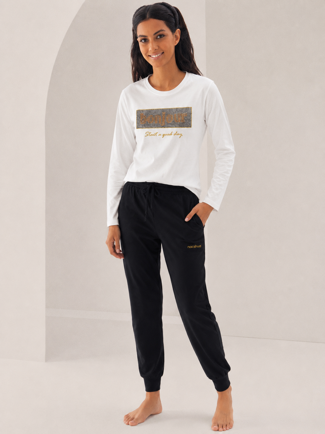 Pigiama da donna in cotone manica lunga - Bianco