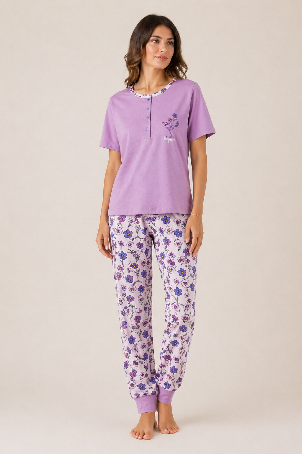 Pigiama da donna manica corta, pantalone lungo - Glicine