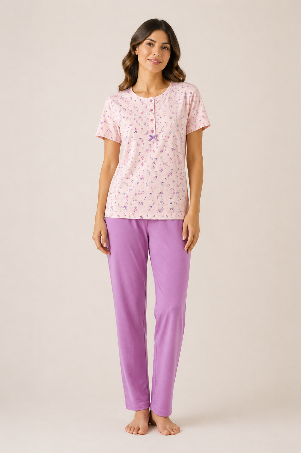 Pigiama da donna mezza manica con pantalone lungo - Rosa