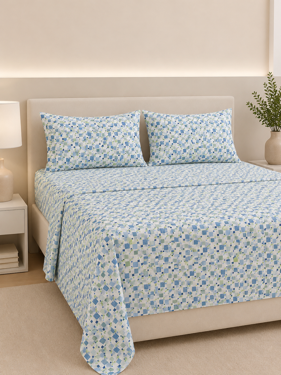 Completo lenzuola letto Singolo in cotone fantasia "Naxos" - Azzurro