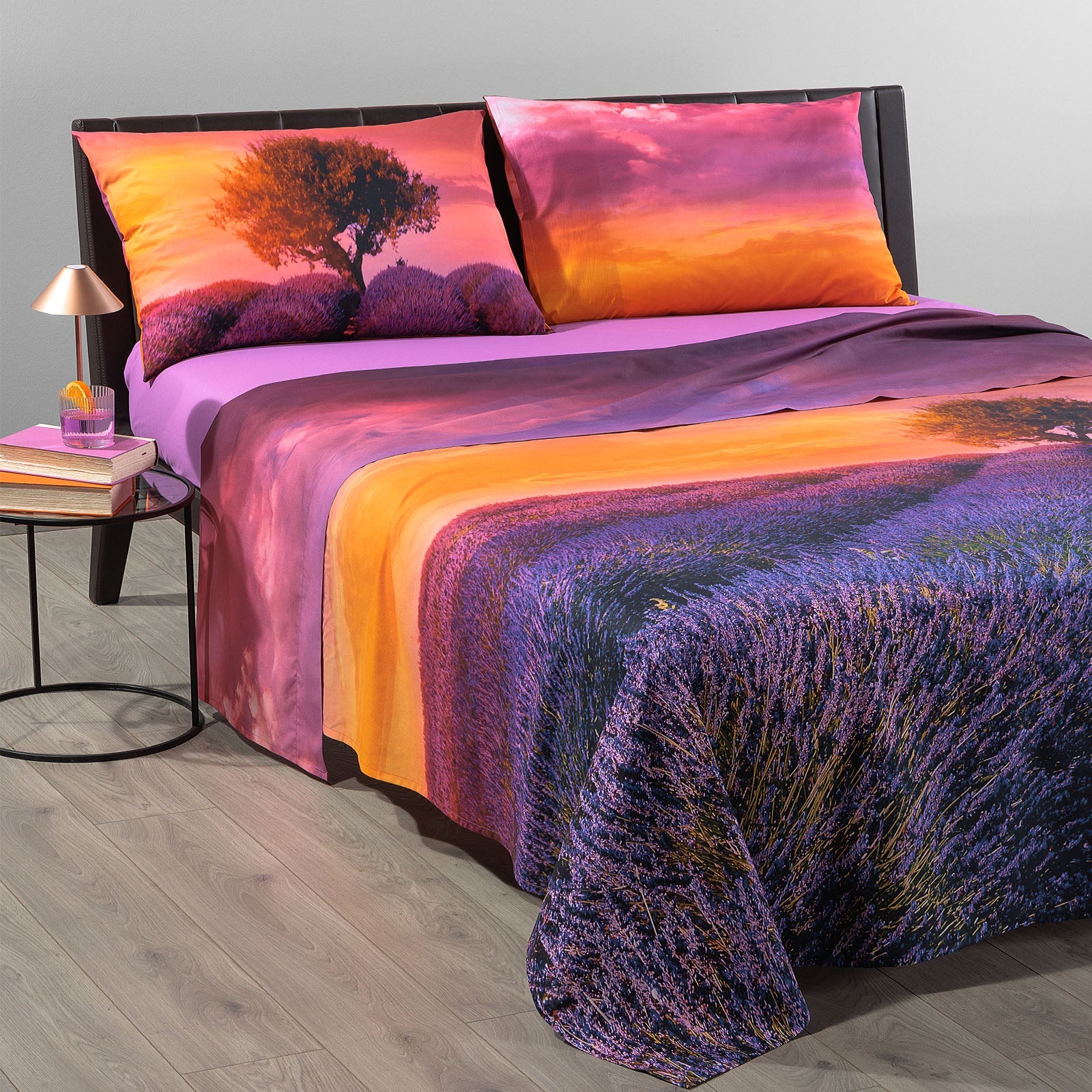 Lenzuola Copriletto In Cotone Lavender-Sunset Matrimoniale Unica Sogni Di Viaggi