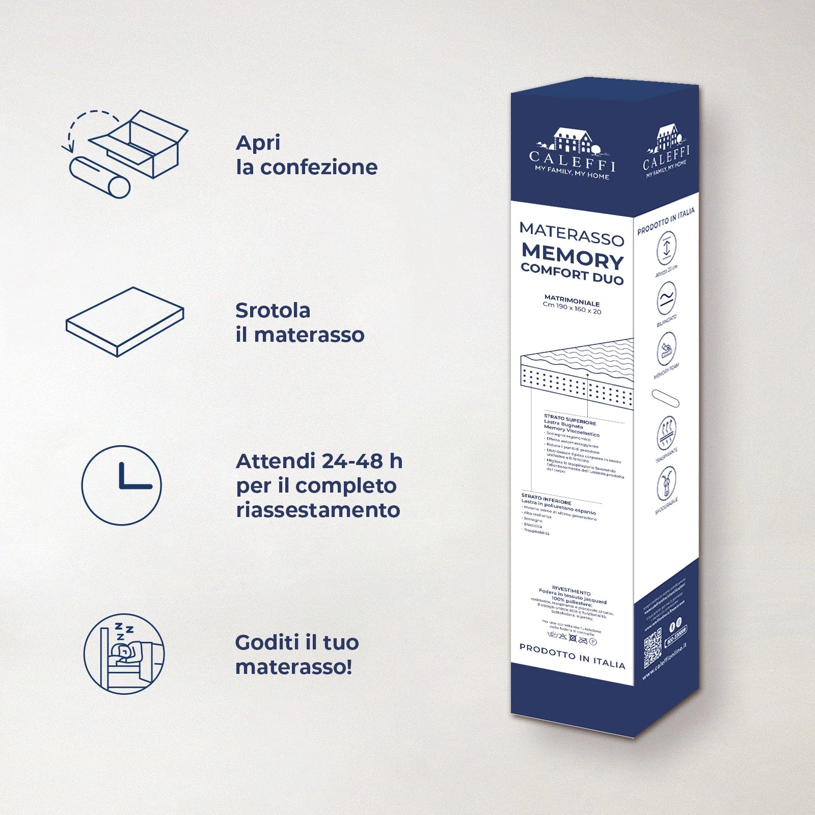 Materasso Singolo Memory Foam Caleffi Comfort Duo – 20 cm, Ergonomico Made in Italy