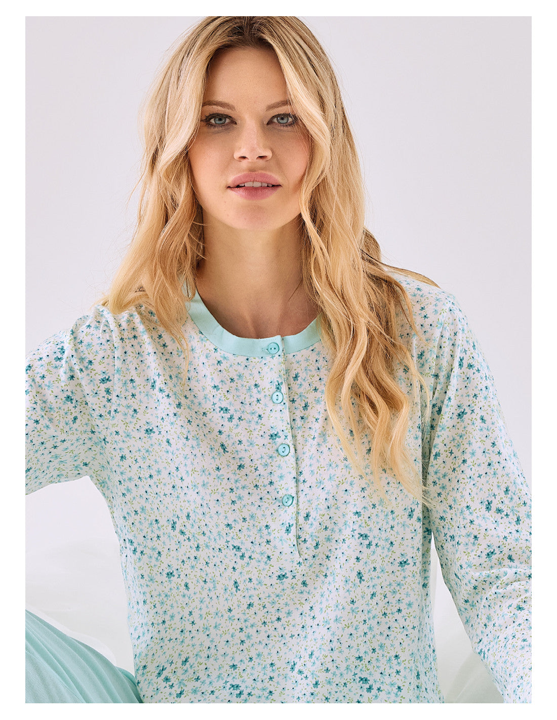 Pigiama Donna Serafino manica lunga in cotone - Acqua