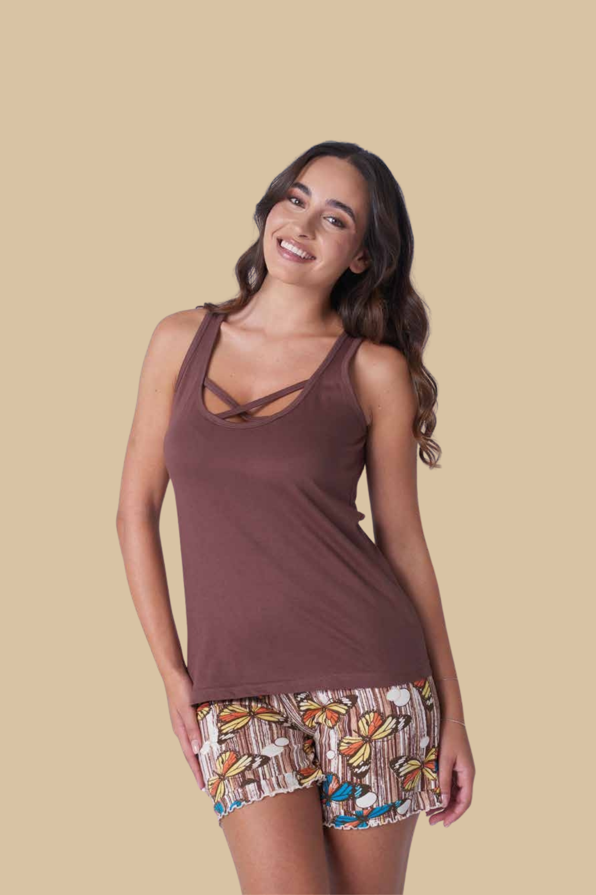 Pigiama corto donna canotta + shorts - Marrone