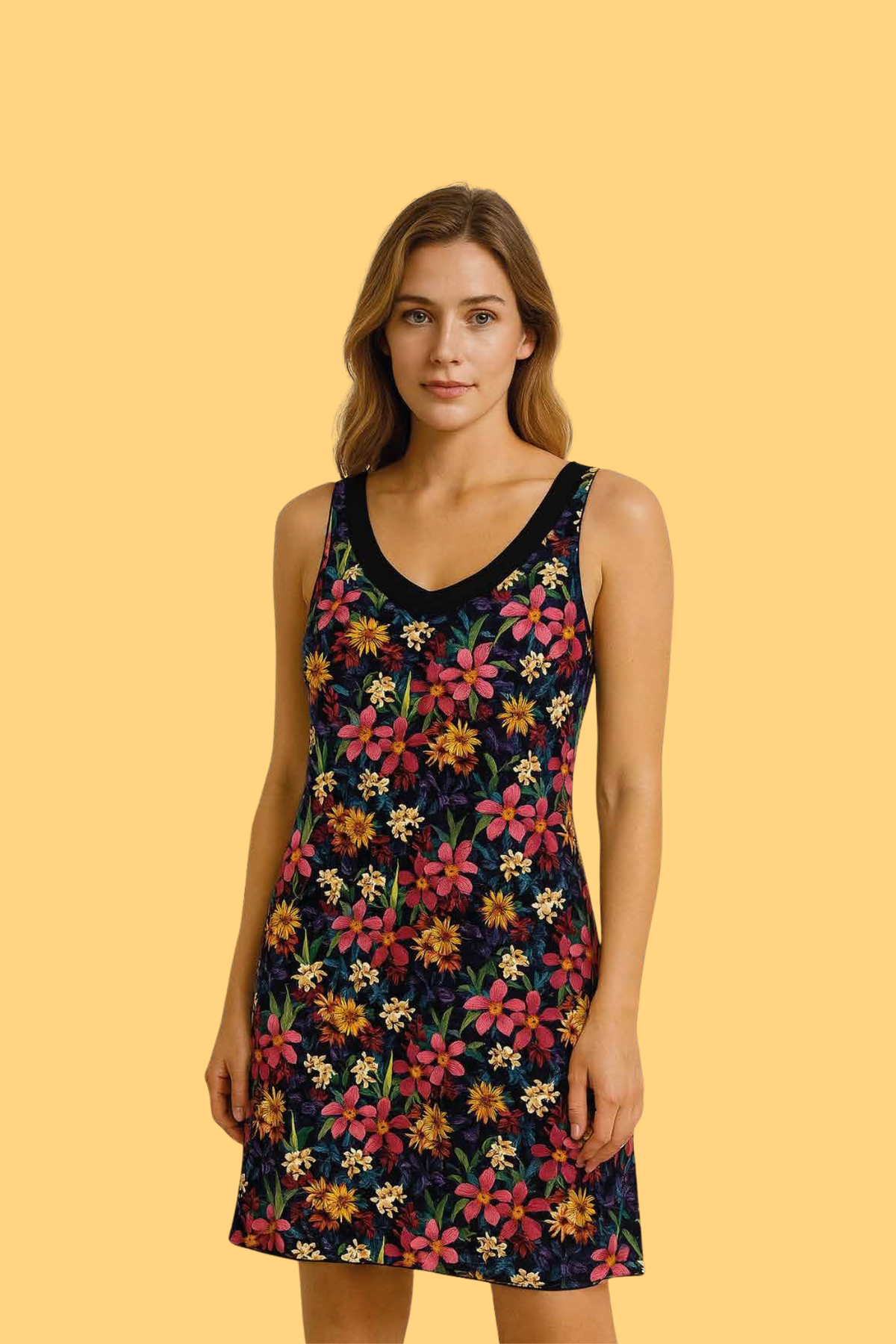 Camicia da notte donna smanicata fantasia floreale - Nero